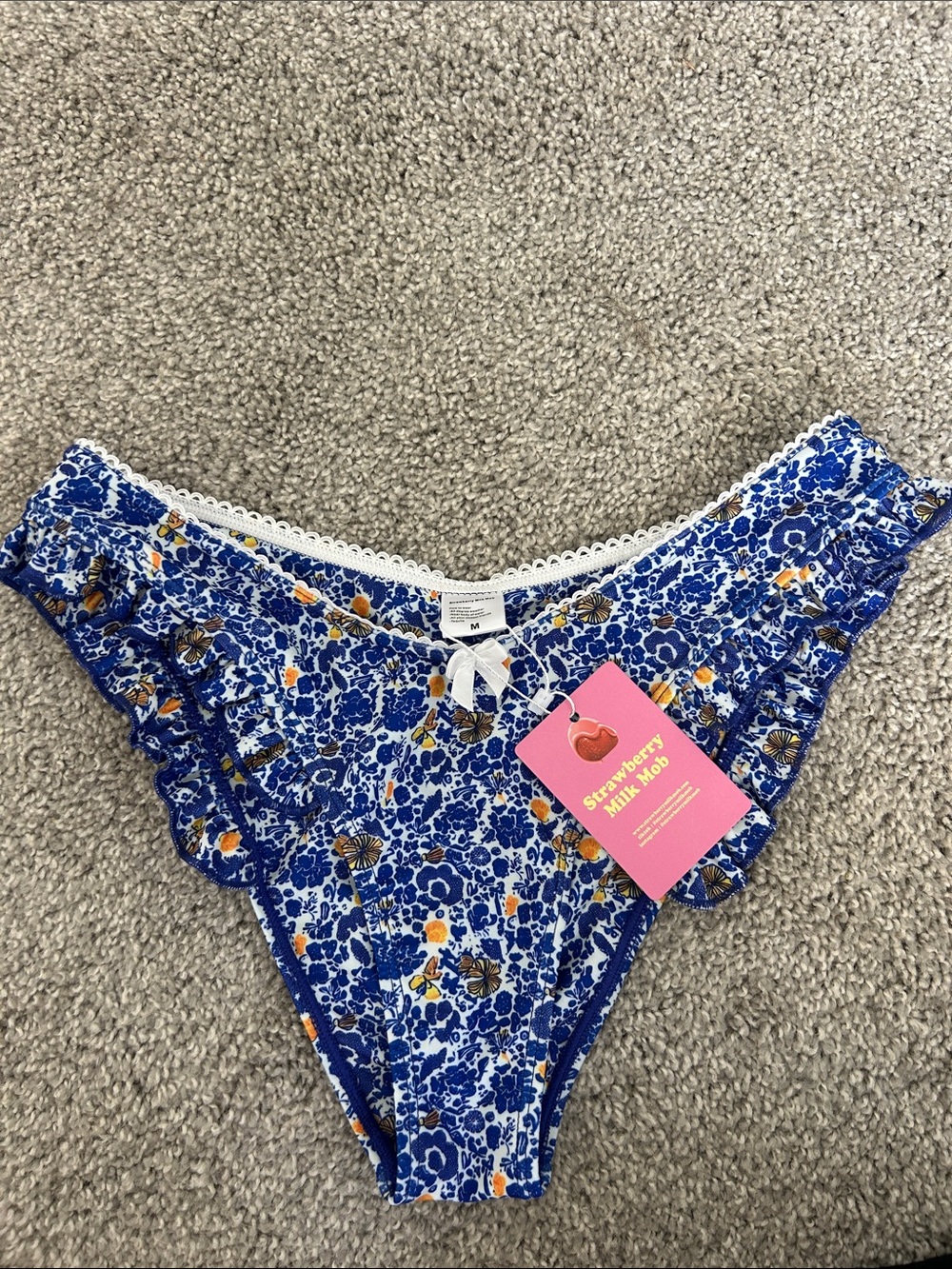 Strawberry Milk Mob Blue and White Floral Bikini Bottoms with Orange Accents